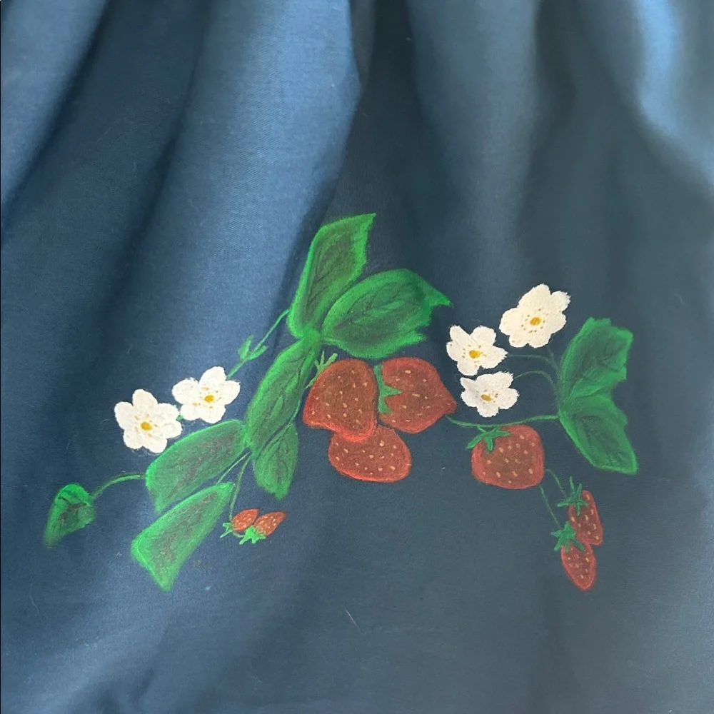 Vintage 70’s Navy Bag with Hand-Painted Strawberries & Bamboo Handles - Picture 3 of 10